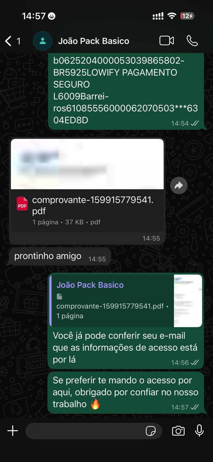 Depoimento de cliente com comprovante e acesso enviado